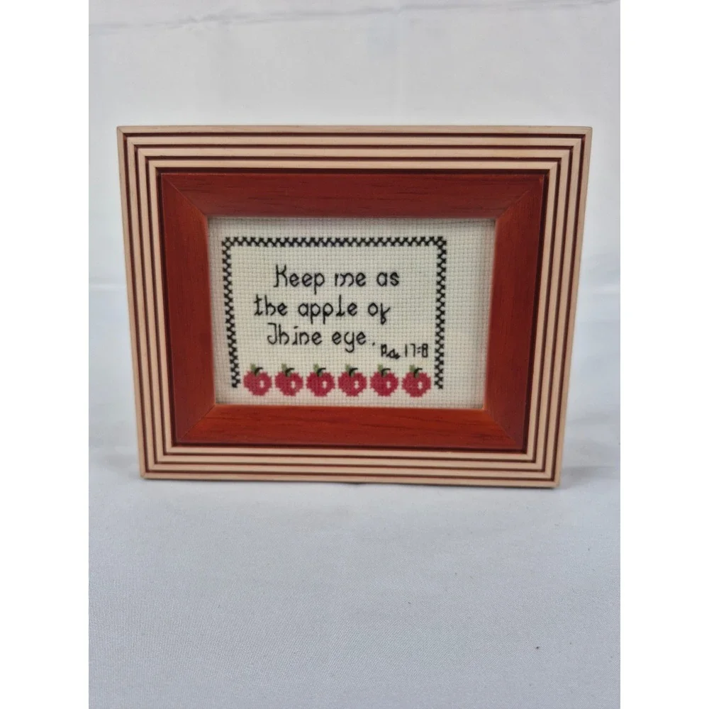Vintage Framed Cross Stitch Bible‎ Verse Apple of Thine Eye Wood Decor
